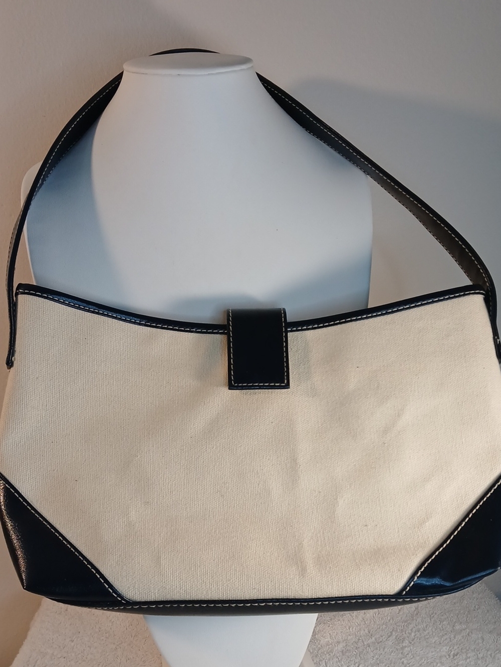 Estee Lauder Canvas and PVC Shoulder Bag in Cream and Navy